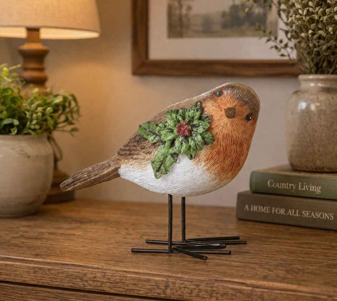 9cm Robin and Holly Holiday Ornament